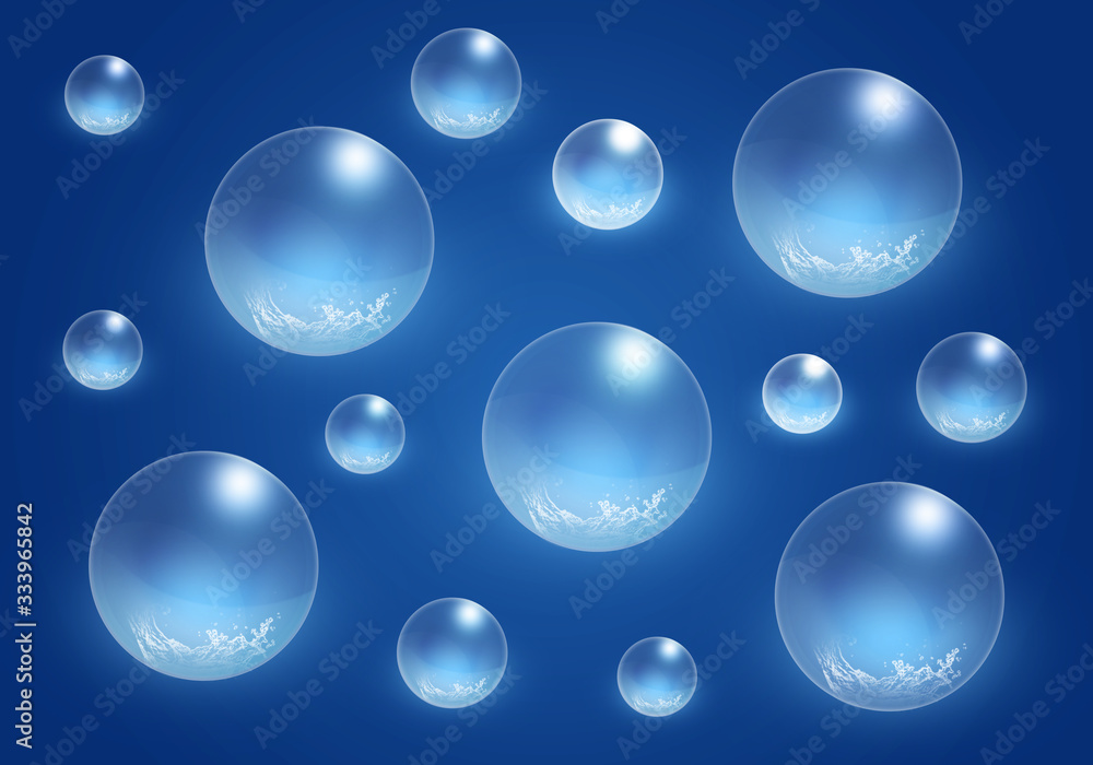 Isolated Water Drops on the Blue Background. Shiny Macro Bubbles. Clean, Bright Wallpaper.