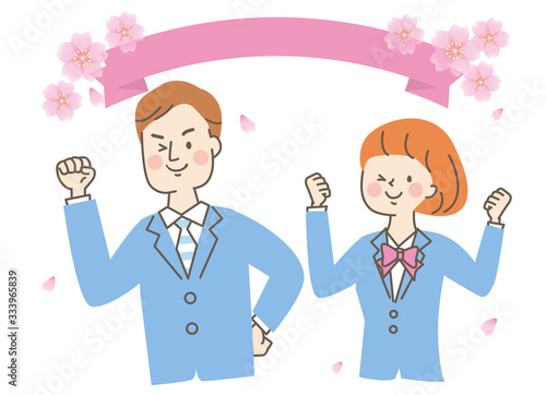 仲良し　ガッツポーズ　若い男女　スーツ