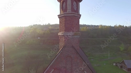 atholic church, old, in the mountains, Carpathian mountains, aerial view of a drone photo