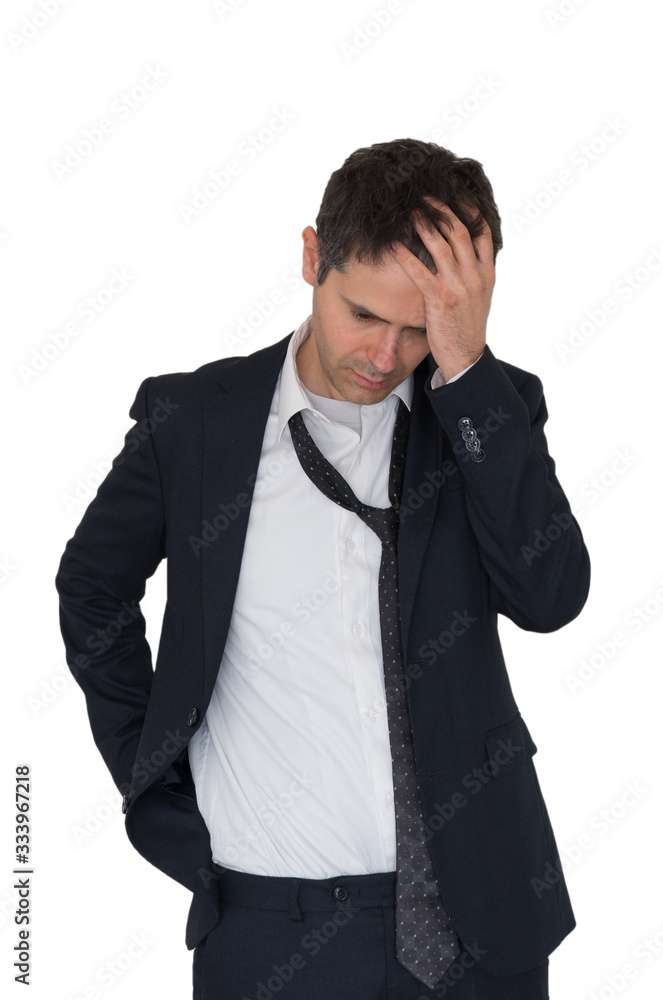 Sick and isolated business man with headache isolated on white background. Sick and isolated business man with headache isolated on white background.