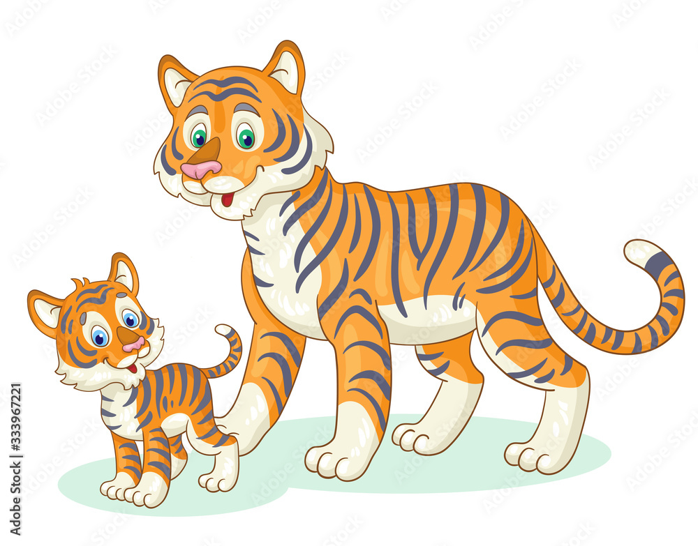 Fototapeta premium Adult tiger with a cub. In cartoon style. Isolated on white background. Vector illustration.