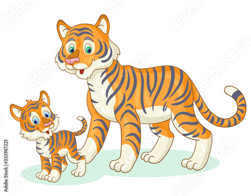 Fototapeta Naklejka Na Ścianę i Meble -  Adult tiger with a cub. In cartoon style. Isolated on white background. Vector illustration.
