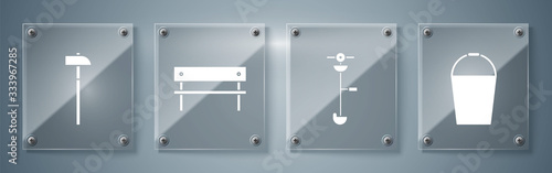 Set Bucket, Grass and weed electric string trimmer, Bench and Hammer. Square glass panels. Vector