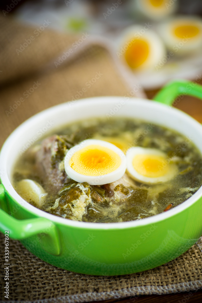 fresh spring organic soup with green sorrel and egg in a plate fresh spring organic soup with green sorrel and egg in a plate