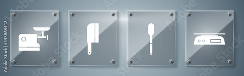 Set Electronic scales, Spoon, Meat chopper and Kitchen meat grinder. Square glass panels. Vector