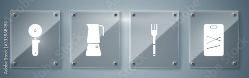 Set Cutting board, Fork, Moka pot and Pizza knife. Square glass panels. Vector