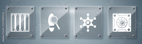 Set Safe, Hexagram sheriff, Magnifying glass with footsteps and Prison window. Square glass panels. Vector