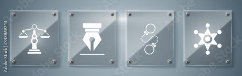 Set Hexagram sheriff, Handcuffs, Fountain pen nib and Scales of justice. Square glass panels. Vector