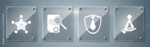 Set Hand holding money bag, Tie, Document with search and Hexagram sheriff. Square glass panels. Vector