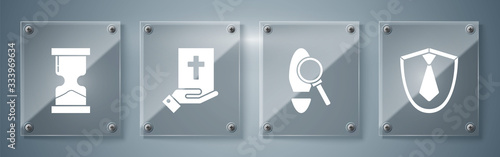 Set Tie, Magnifying glass with footsteps, Oath on the Holy Bible and Old hourglass. Square glass panels. Vector