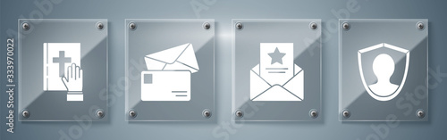 Set User protection, The arrest warrant, Envelope and Oath on the Holy Bible. Square glass panels. Vector
