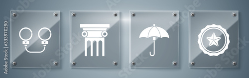 Set Police badge, Umbrella, Law pillar and Handcuffs. Square glass panels. Vector