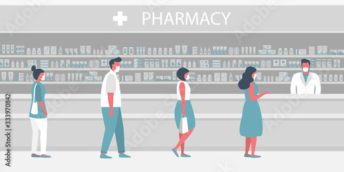 People in medical masks in the pharmacy. The pharmacist stands near the shelves with medicines. Visitors keep their distance in line.  Vector illustration in flat style