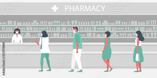 People in medical masks in the pharmacy. The pharmacist stands near the shelves with medicines. Visitors keep their distance in line.  Vector illustration in flat style