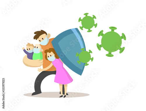 Father protecting his wife and children from green viruses with a shield. World quarantine situation, Covid-19 virus world pandemic. Flat vector illustration, isolated on white background.