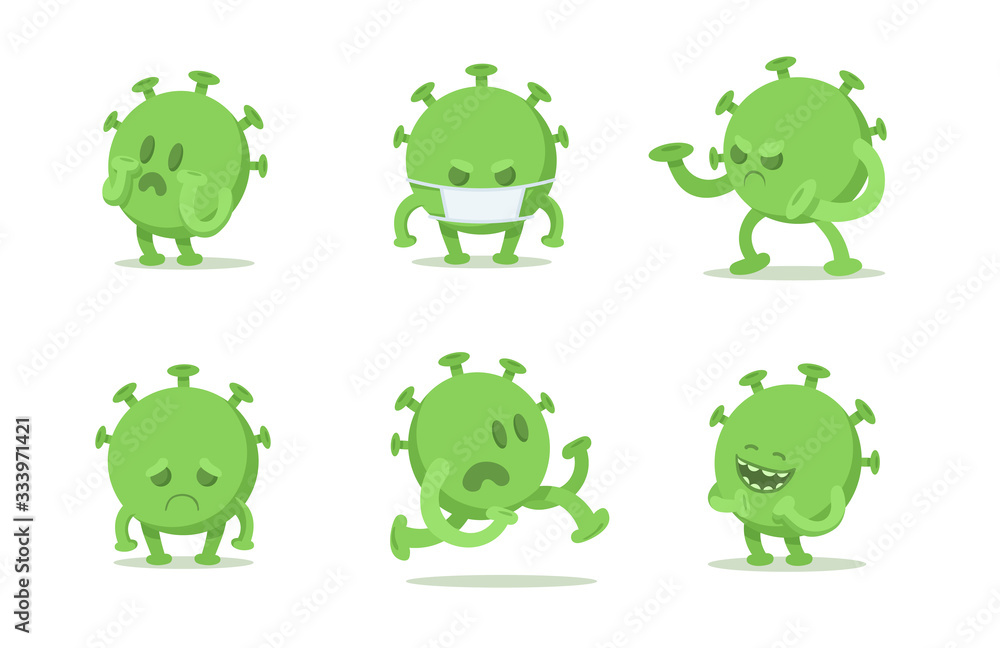 Fototapeta premium Set of funny coronavirus cartoon characters in different poses. Green viral microorganism. Quarantine situation, Covid-19 virus world pandemic. Flat vector illustration, isolated on white background.
