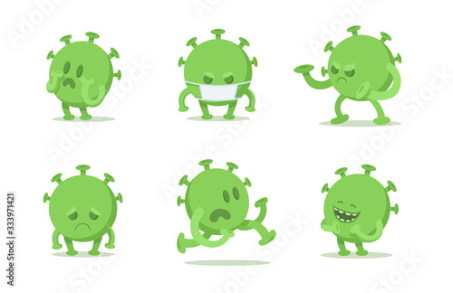 Set of funny coronavirus cartoon characters in different poses. Green viral microorganism. Quarantine situation, Covid-19 virus world pandemic. Flat vector illustration, isolated on white background.