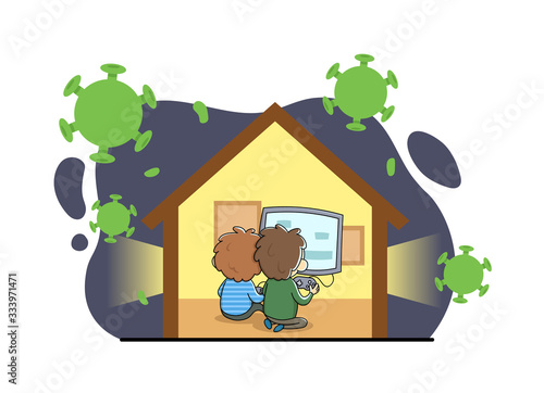 Two boys playing video-games staying at home in quarantine, hiding from virus. Stay home during the coronavirus epidemic. Coronavirus outbreak concept. Flat vector illustration, isolated.