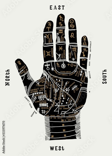 Chiromancy palm detailed vintage illustration. Palmistry vector illustration t-shirt print.