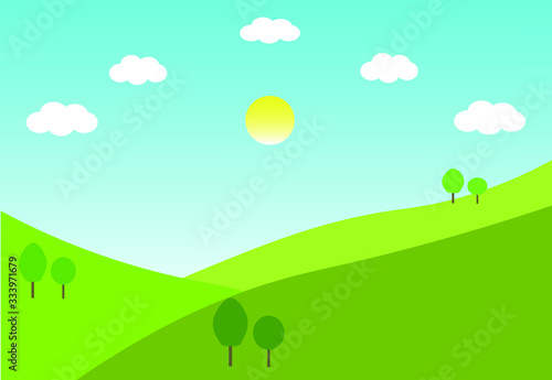 Green hills landscape.  Environment with hill clouds sun and blue sky . Roalling meadow background.