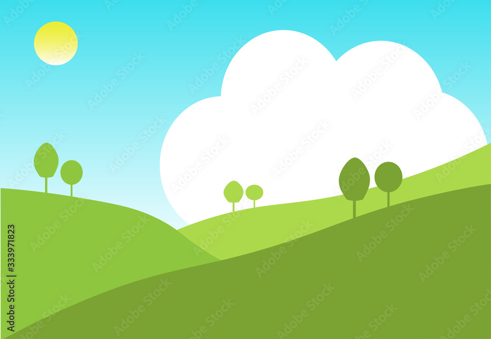 Green hills landscape.  Environment with hill clouds,sun and blue sky . Roalling meadow background.
