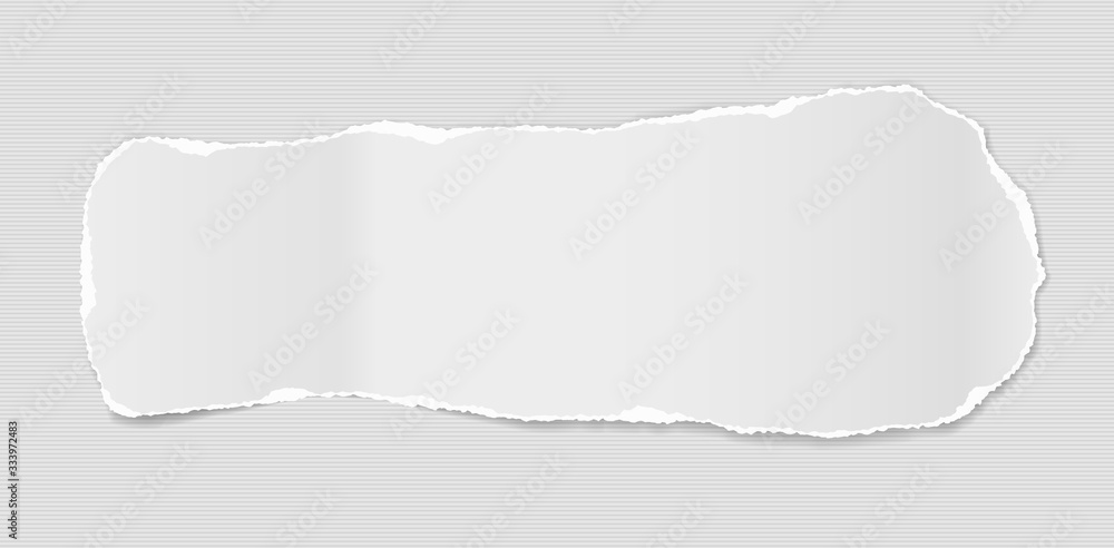 Piece of torn white note, notebook paper with soft shadow stuck on lined grey background. Vector illustration Piece of torn white note, notebook paper with soft shadow stuck on lined grey background. Vector illustration