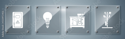 Set High voltage power pole line, Diesel power generator, Light bulb with concept of idea and Electrical cabinet. Square glass panels. Vector