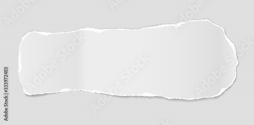 Piece of torn white note, notebook paper with soft shadow stuck on lined grey background. Vector illustration