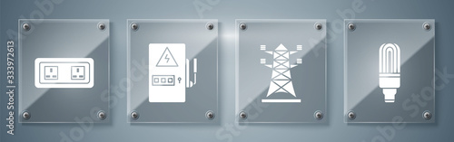 Set LED light bulb, High voltage power pole line, Electrical panel and Electrical outlet. Square glass panels. Vector