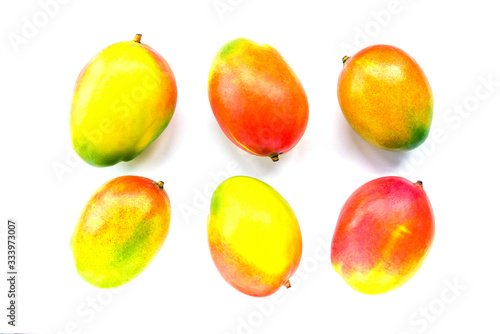 Six fresh ripe yellow, red, green mango fruits isolated on white background, top view.