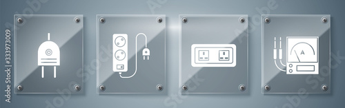 Set Ampere meter, multimeter, voltmeter, Electrical outlet, Electric extension cord and Electric plug. Square glass panels. Vector