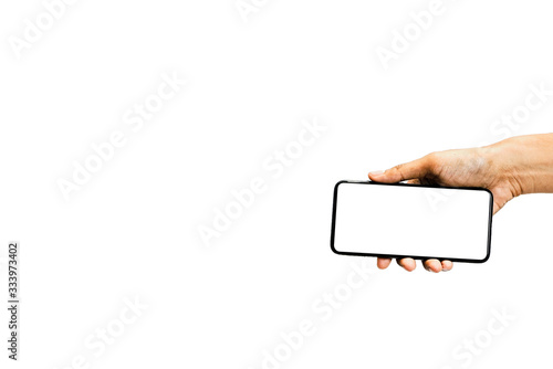 Women hand holding black phone isolated on white background and copy space, Blank screen for business