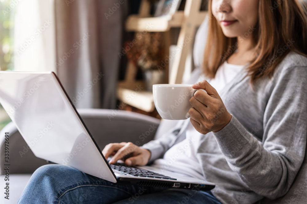 Young woman sitting at living room and working on laptop at home