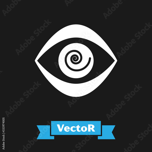 White Hypnosis icon isolated on black background. Human eye with spiral hypnotic iris. Vector Illustration