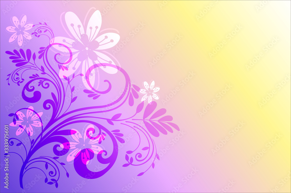 Floral ornament, large abstract flowers with curved stems and leaves on a bright colorful background