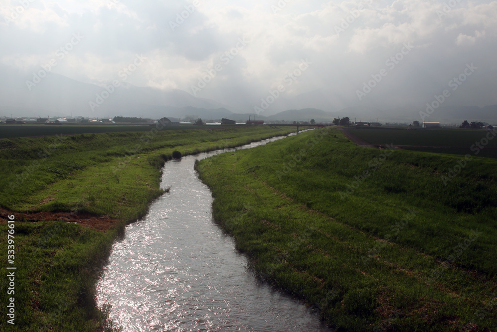 Furano river and horizon Furano river and horizon