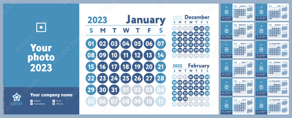 2023 calendar. New year planner design. English calender. Blue color vector template. Week starts on Sunday. Business planning. 2023 calendar. New year planner design. English calender. Blue color vector template. Week starts on Sunday. Business planning.