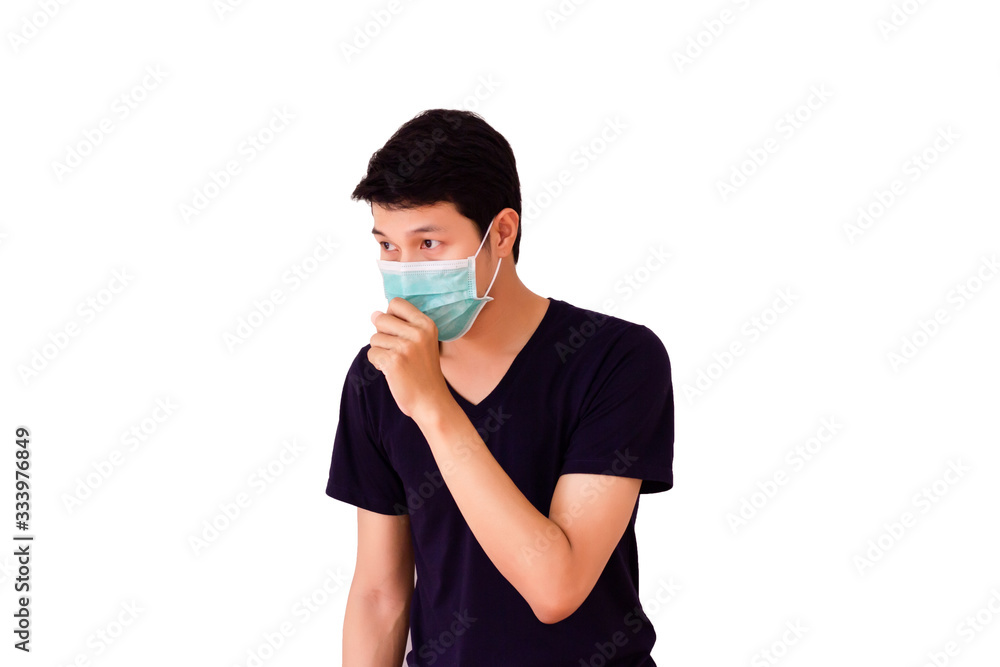 An Asian man is sick wearing a mask and is doing coughing An Asian man is sick wearing a mask and is doing coughing