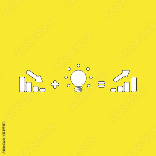 Vector illustration concept of sales bar chart moving down plus glowing light bulb idea equals sales bar chart moving up.