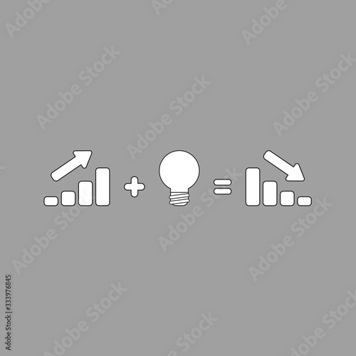 Vector illustration concept of sales bar chart moving up plus light bulb bad idea equals sales bar chart moving down.