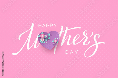 Happy Mothers day typography design. Handwritten calligraphy with 3d paper cut flowers and heart on pink dotted background. Vector illustration.