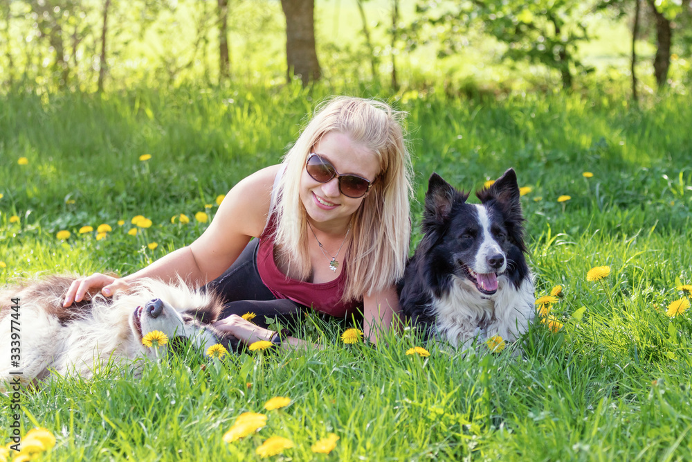 Smiling young blond woman with sunglasses is lying between two Border Collies dogs outdoors.The woman is smiling at the camera, the dogs are lying in the grass. Smiling young blond woman with sunglasses is lying between two Border Collies dogs outdoors.The woman is smiling at the camera, the dogs are lying in the grass.