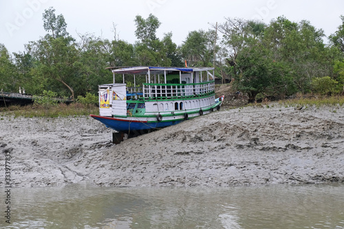 Boat on mud banks, Mangrove forest, Sundarbans, Ganges delta, West Bengal, India