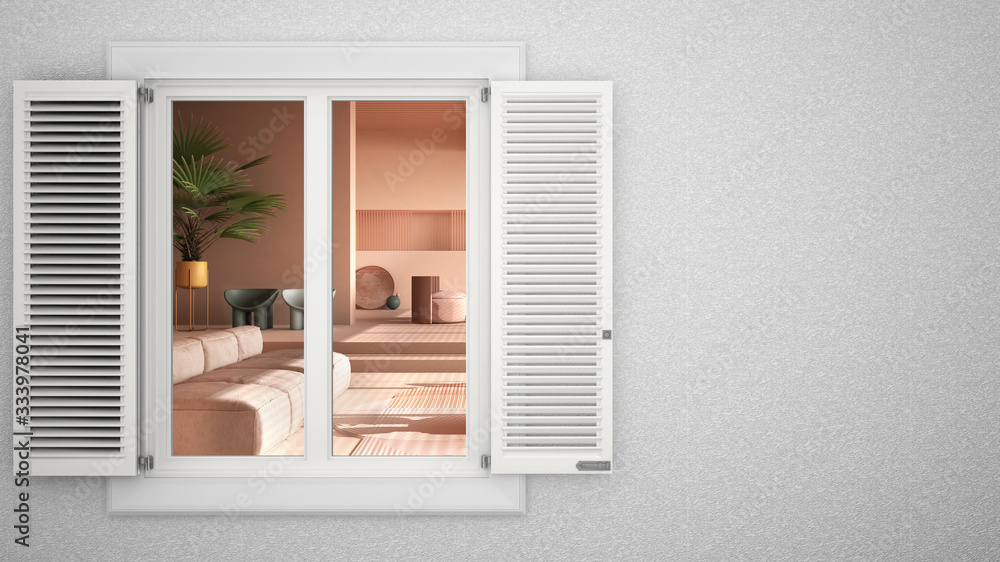 Exterior plaster wall with white window with shutters, showing colored contemporary living room, blank background with copy space, architecture design concept idea, mockup template Exterior plaster wall with white window with shutters, showing colored contemporary living room, blank background with copy space, architecture design concept idea, mockup template