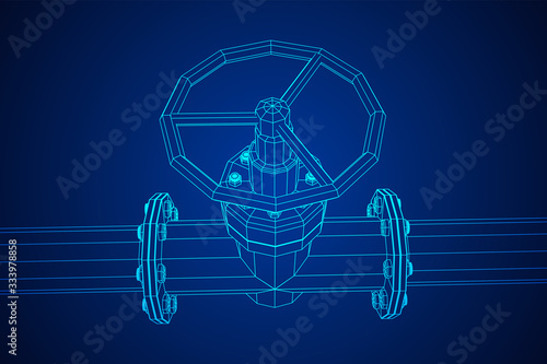 Oil pipeline with valve business concept. Finance economy polygonal petrol production. Petroleum fuel industry transportation line. Wireframe low poly mesh vector illustration.