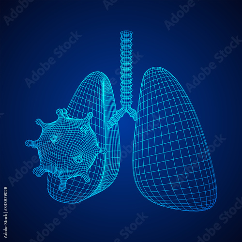 Corona Virus and Lungs with trachea bronchi internal organ human. Covid virus pulmonology medicine science concept. Wireframe low poly mesh vector illustration.