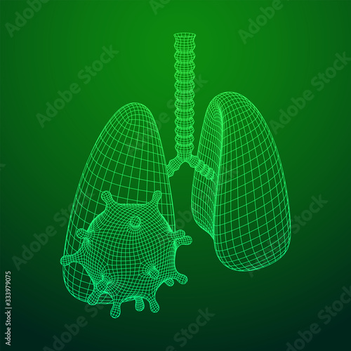 Corona Virus and Lungs with trachea bronchi internal organ human. Covid virus pulmonology medicine science concept. Wireframe low poly mesh vector illustration.