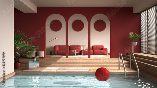 Minimalist colored living room in red tones  open space with parquet oak floor with steps  archways  sofa  carpets and potted plants  swimming pool  contemporary interior design