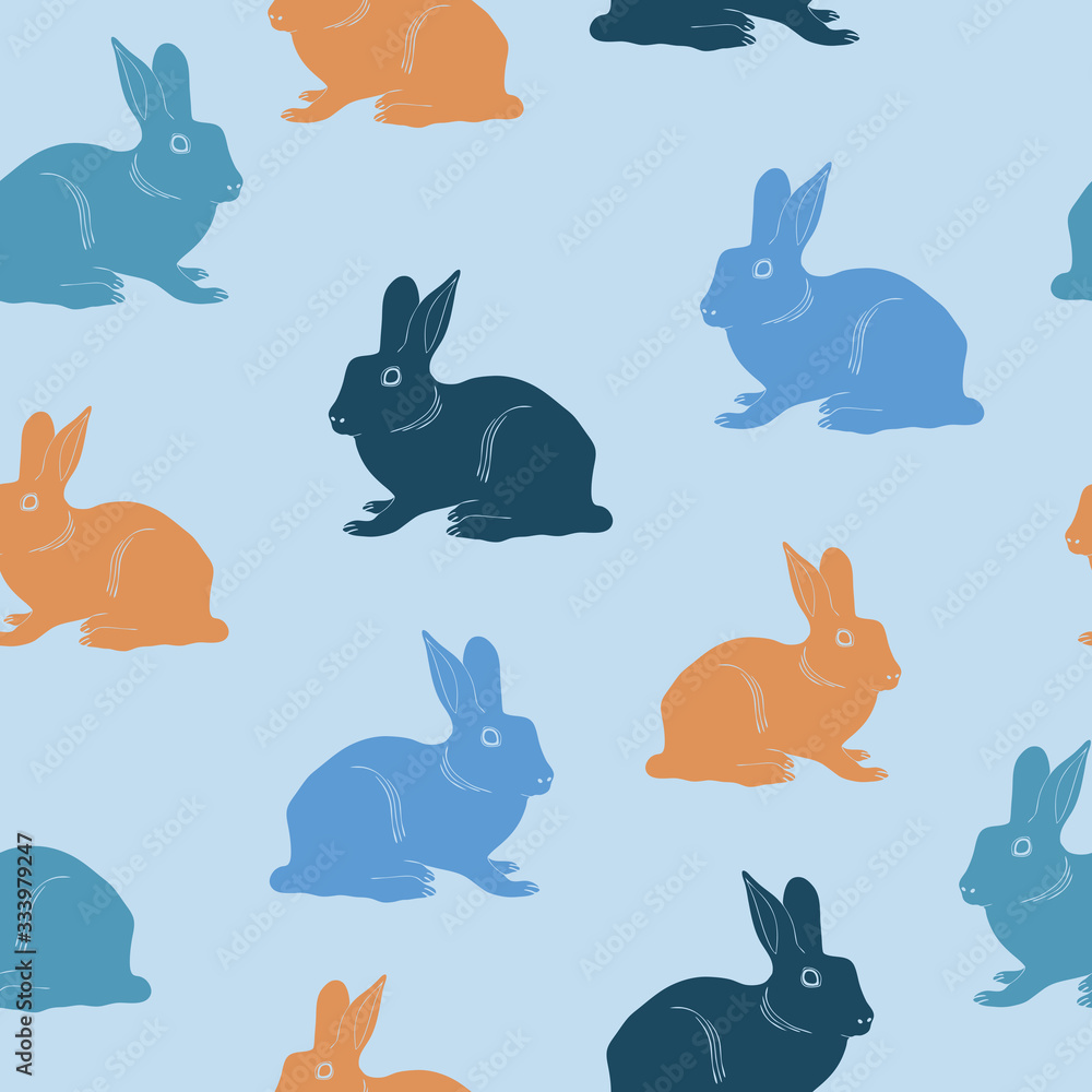 Shapes of rabbits in blue and orange on light background. Eastern seamless repeat pattern. Perfect for wrapping or textile design.