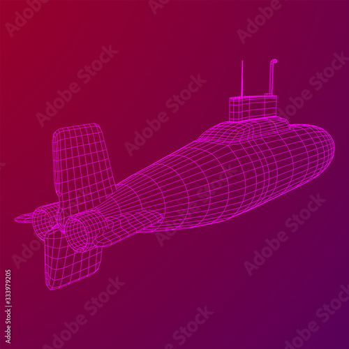 Military atomic submarine underwater boat. Wireframe low poly mesh vector illustration